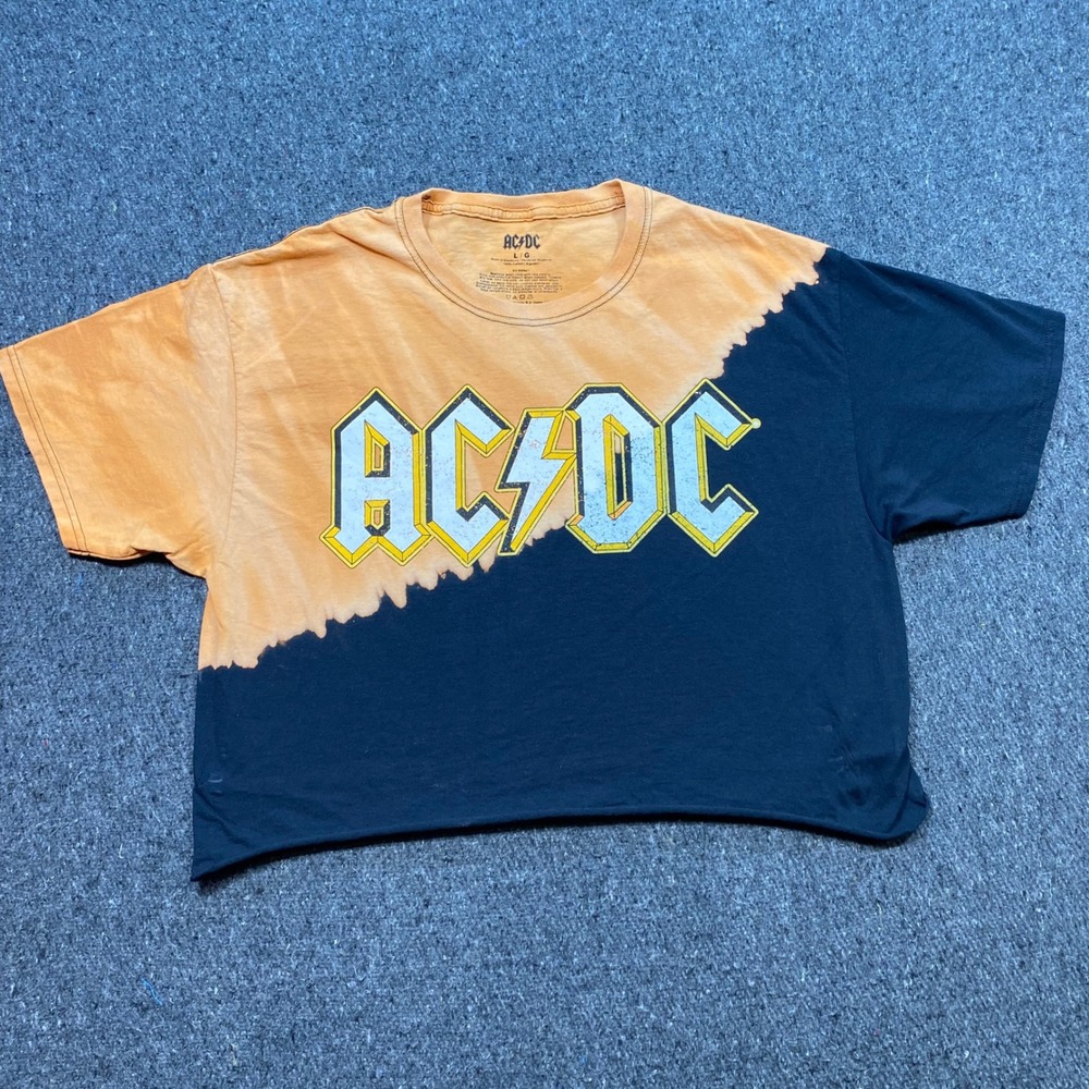 AC/DC Graphic‎ TShirt Sz L Womens Orange Black Bleach Dye Grunge Raw Hem Cropped